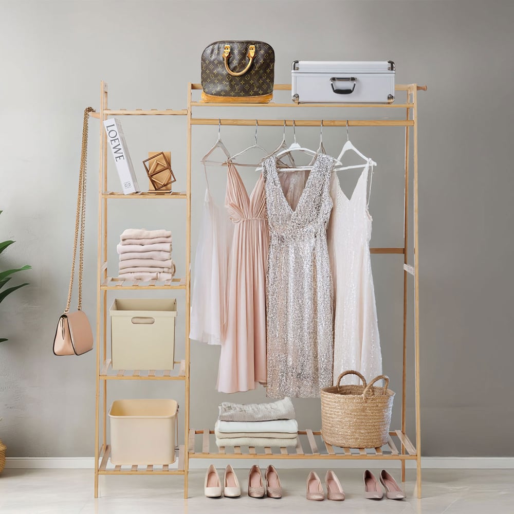 Neo 7 Shelf Single Rail Natural Bamboo Freestanding Garment Rack Image 2