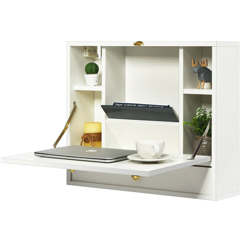 Costway Wall Mounted Foldable Wooden Cabinet with Multi-functional Desk White Image 2