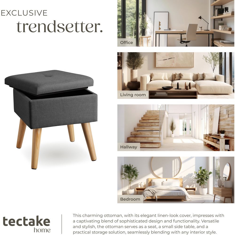 tectake Elva Dark Grey Linen Look Padded Stool with Storage Image 7
