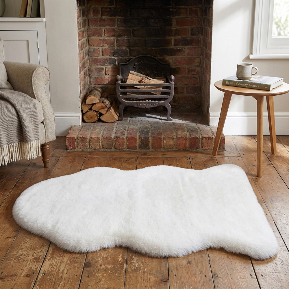 White Rabbit Fur Rug White Faux Rabbit Fur Rug 90 x 60cm | Homebase
