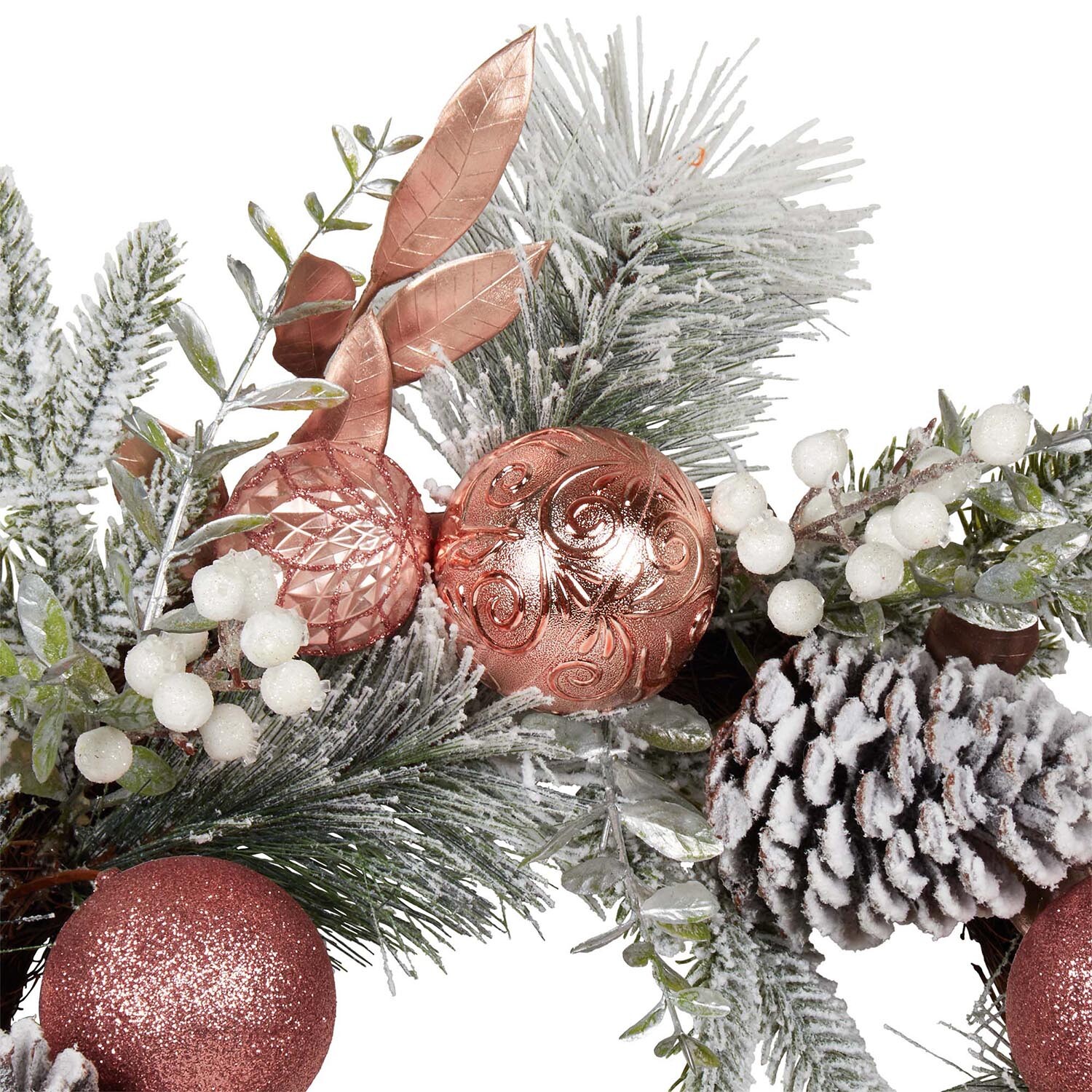 Frosted Dusky Rose Bauble Wreath - Green & Rose Image 3