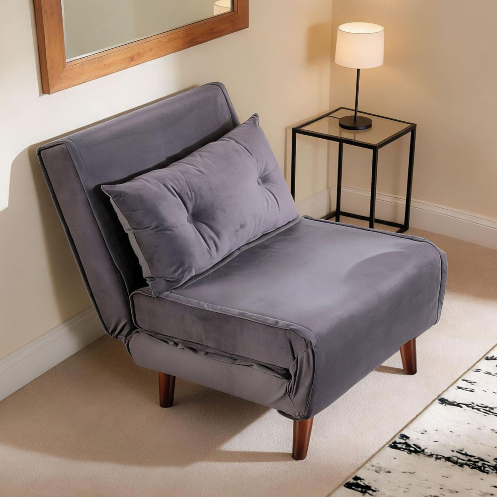Home Source Morella Single Seater Grey Velvet Folding Sofa Bed with Pillow Image 3