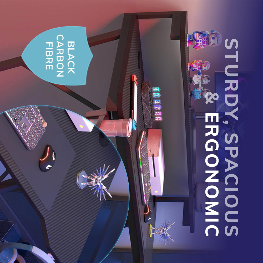 House of Home Carbon Fibre Top Computer Gaming Desk with Monitor Stand Black Image 7