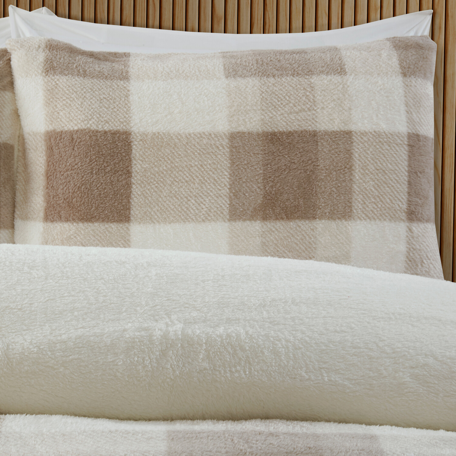 Teddy Fleece Check Duvet Set Natural Double Image 4