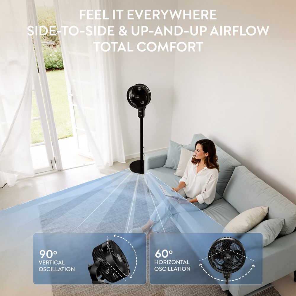 Air Pro Black SmartVoice 3D Oscillating Height Adjustable Mono Pedestal Fan with Remote 12 inch Image 4