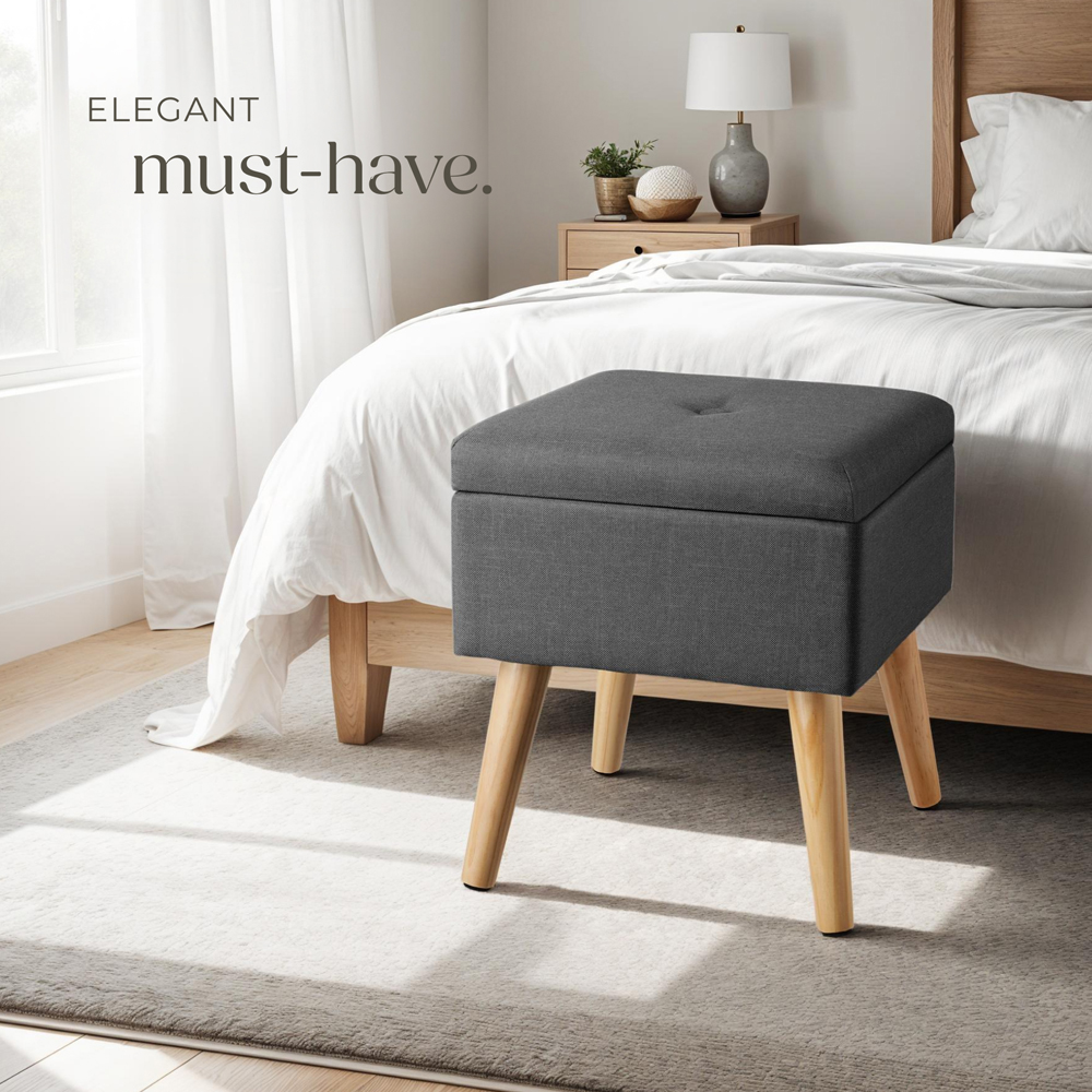 tectake Elva Dark Grey Linen Look Padded Stool with Storage Image 3