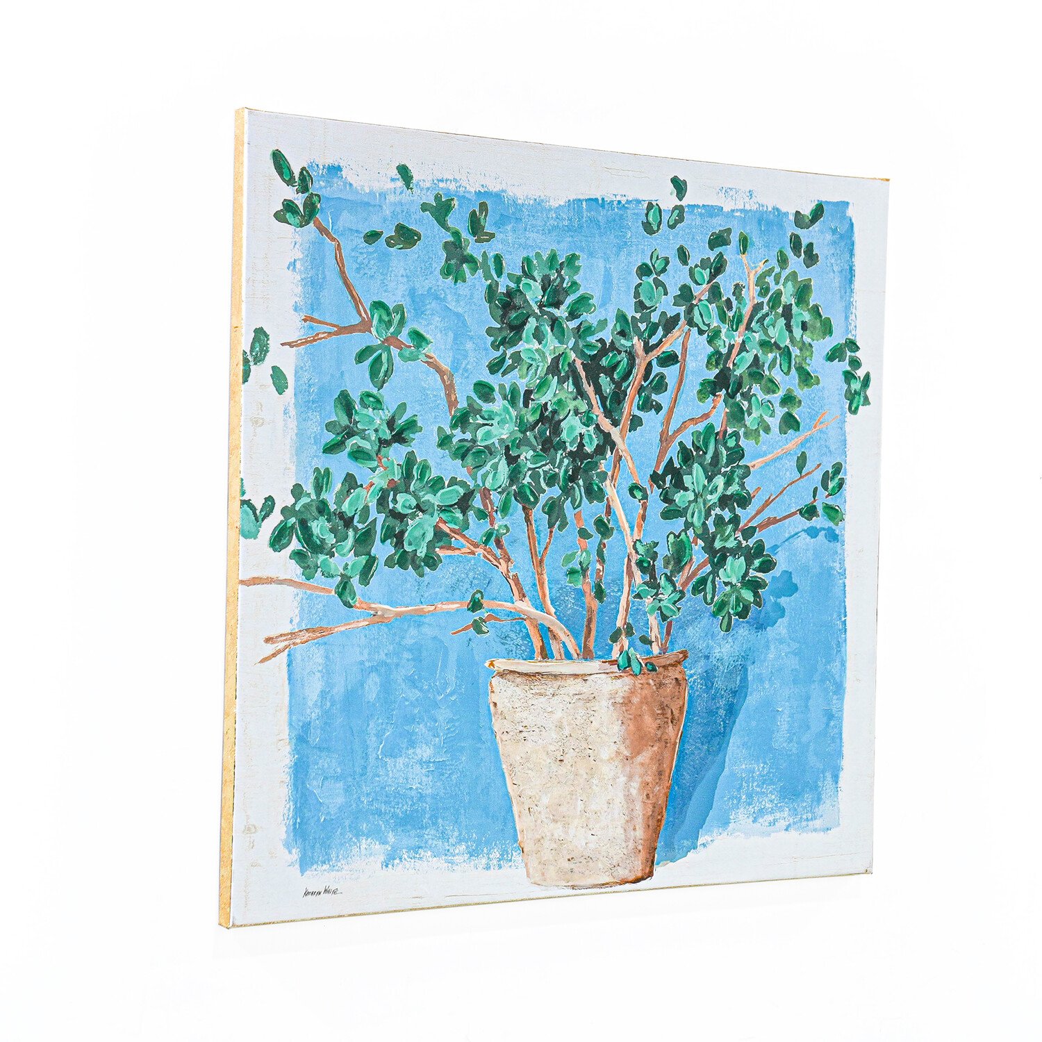 Kathryn White Gold Edged Potted Plant Canvas Blue Image 2