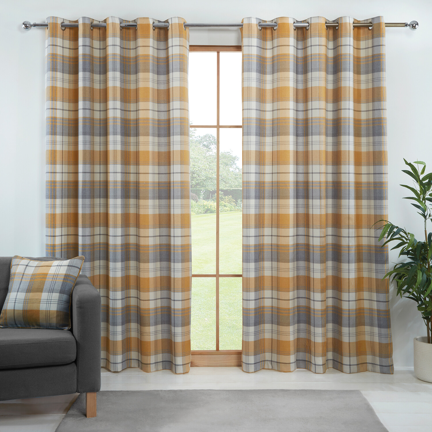 Divante Ochre Hamilton Check Eyelet Curtains Image 3