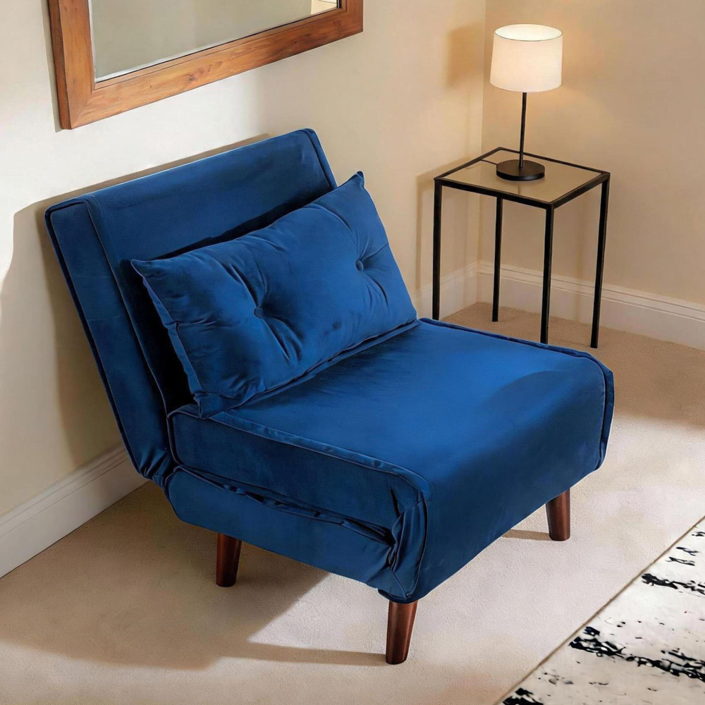 Home Source Morella Single Seater Blue Velvet Folding Sofa Bed with Pillow Image 3
