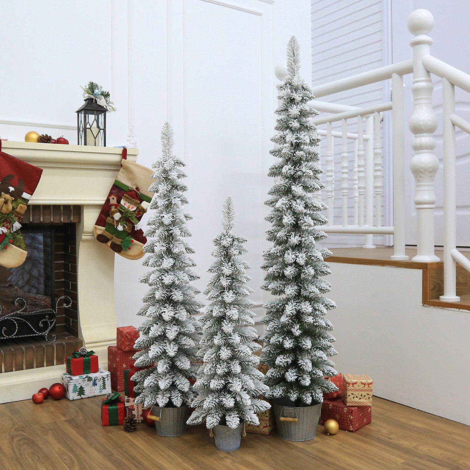 Set of 3 Downswept Flocked Trees - White Image 2