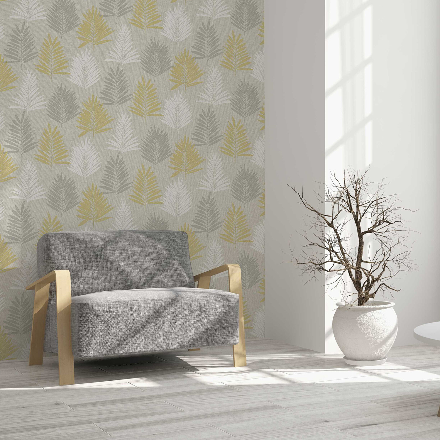Linen Palm Wallpaper - Ochre and Grey Image 7