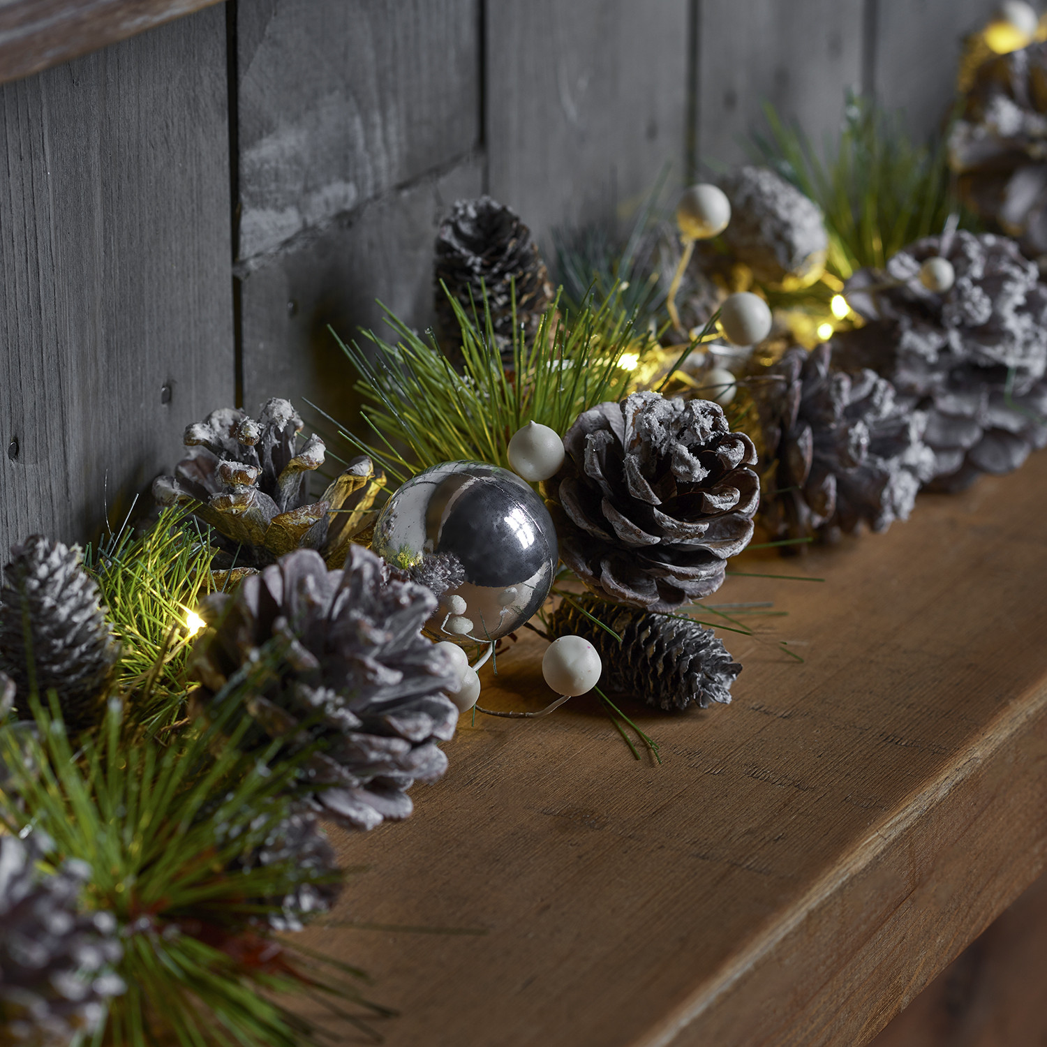Silver Bauble And Pinecone LED Garland Image 2