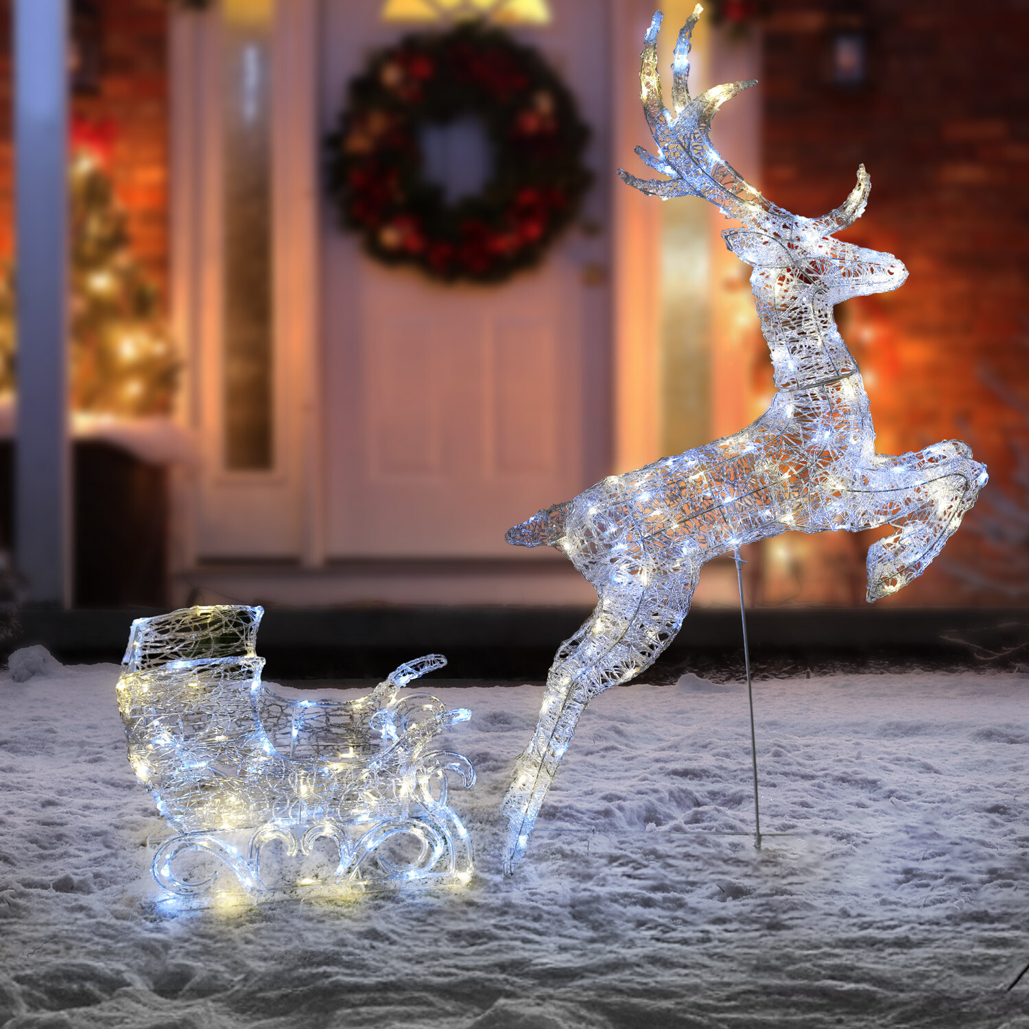 210 LED Outdoor Reindeer and Sleigh - White Image 1