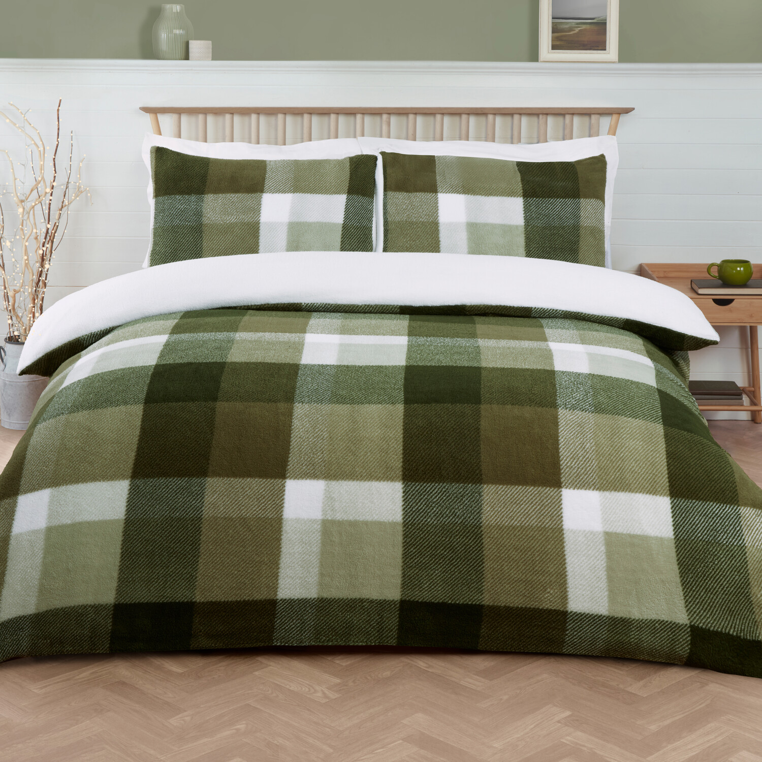 Teddy Fleece Check Duvet SetGreenDouble Image 2