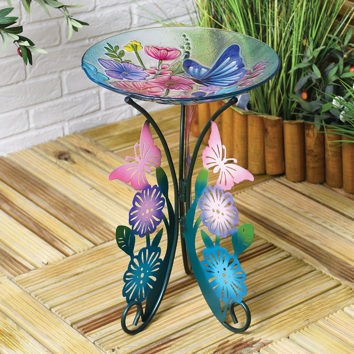 Butterfly Bird Bath with Stand - Multicolour Image 1