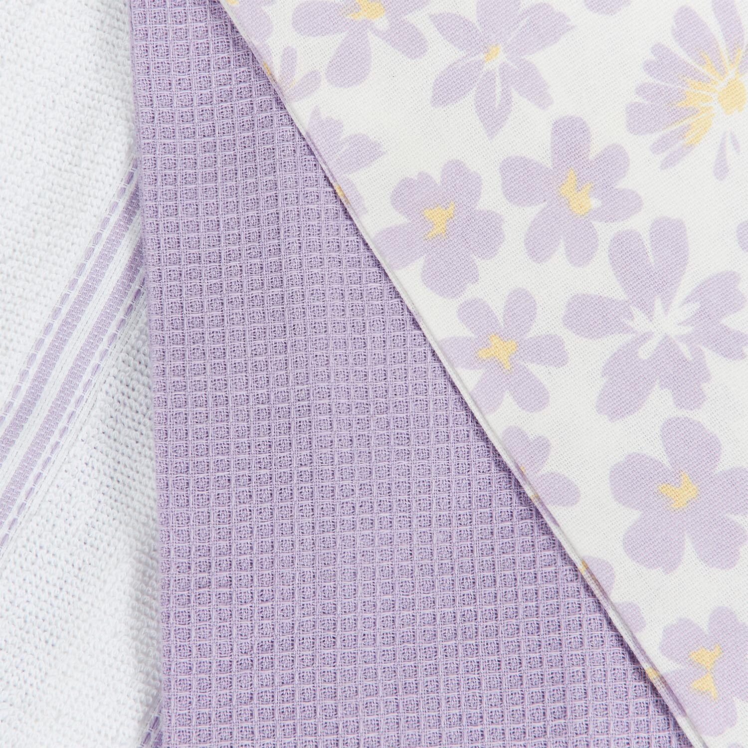 Pack of 3 Lilac Daisy Tea Towels - White and Lilac Image 3