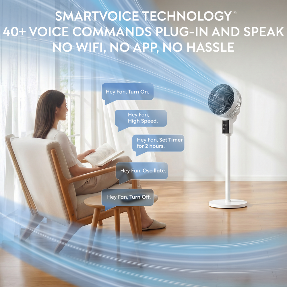 Air Pro White Black SmartVoice 3D Oscillating Height Adjustable Pedestal Fan with Remote 12 inch Image 3