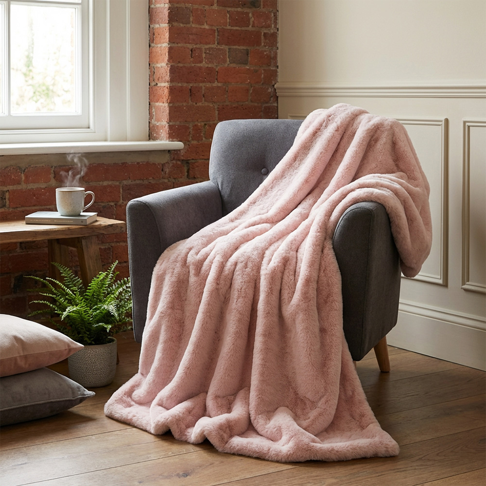 Divante Blush Rabbit Faux Fur Extra Large Throw 150 x 200cm Image 3