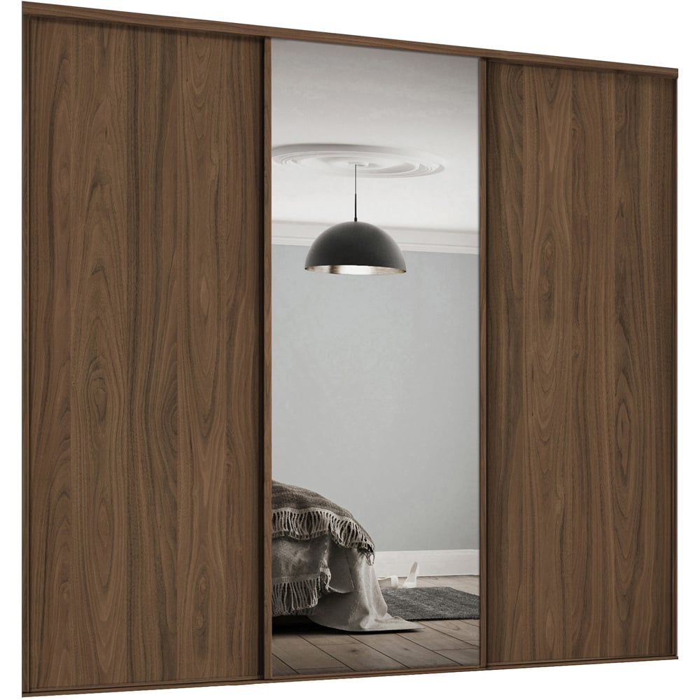 Spacepro Classic 3 Door Walnut Frame Sliding Wardrobe Kit with 2 Panel and Single Mirror 2216mm Image 1