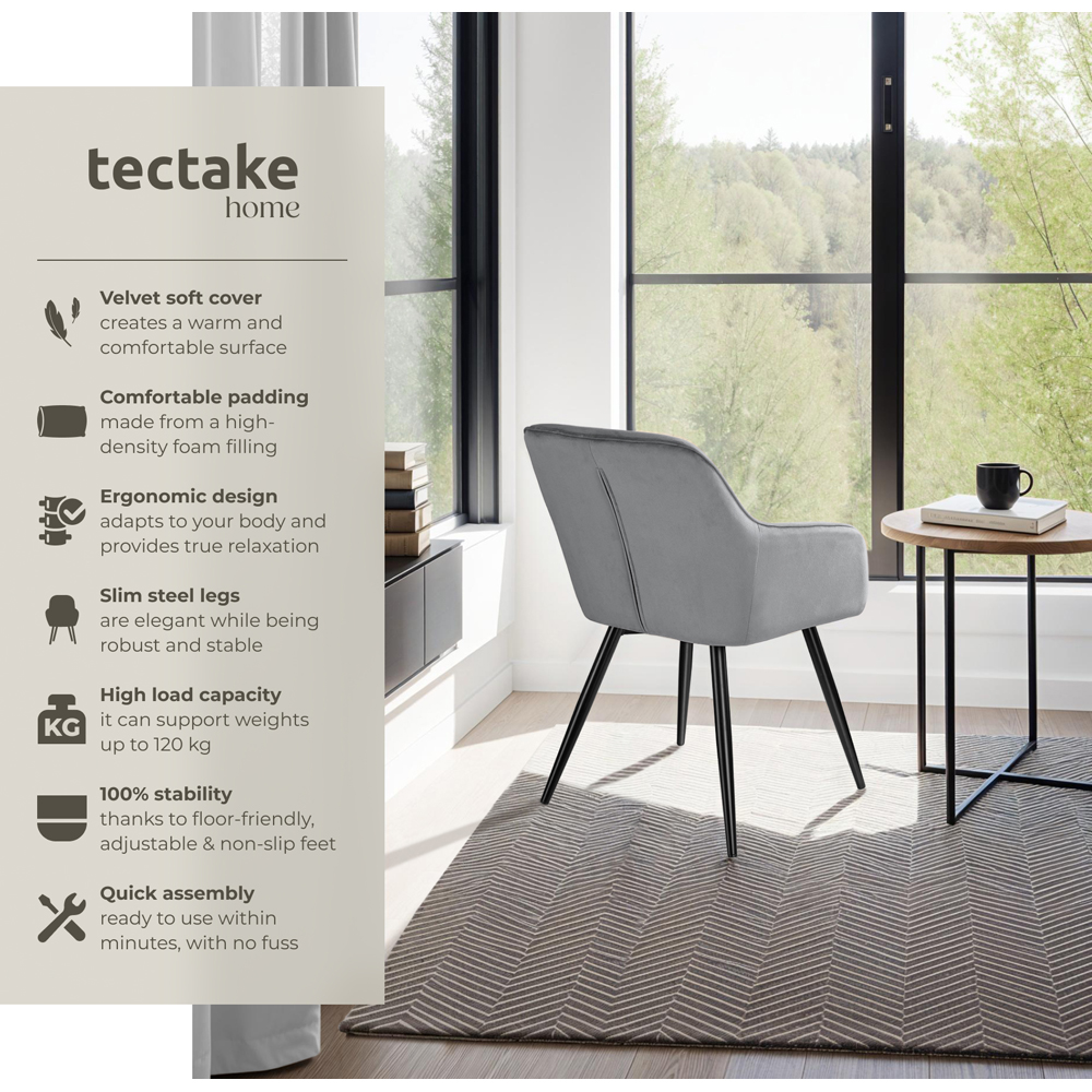 tectake Marilyn Set of 2 Grey and Black Velvet Dining Chairs Image 3
