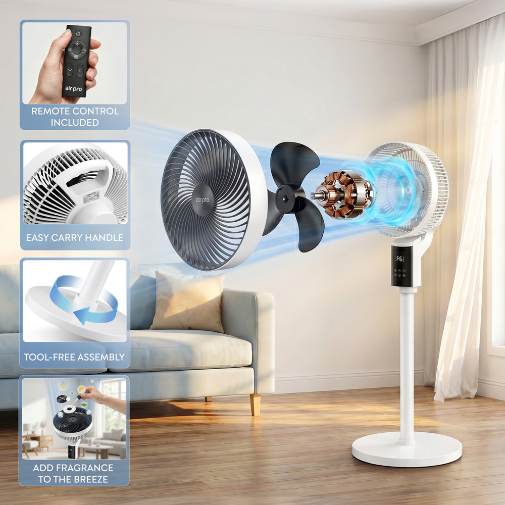 Air Pro White Black SmartVoice 3D Oscillating Height Adjustable Pedestal Fan with Remote 12 inch Image 5