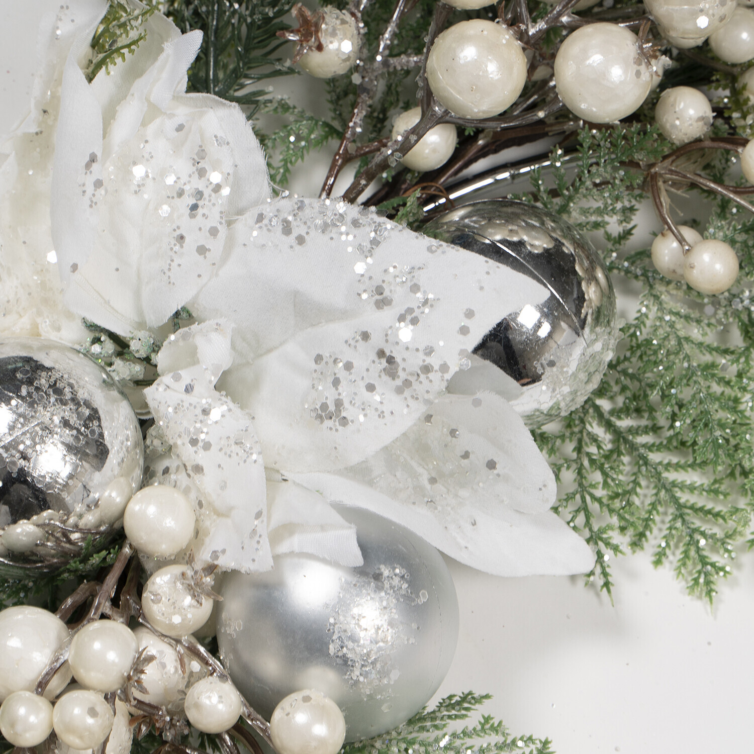 White Poinsettia Bauble Hoop Wreath Image 2