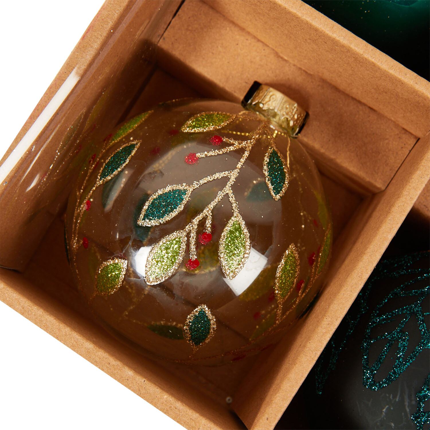 Set of 12 Glass Baubles Emerald and Gold - Emerald and Gold Image 6