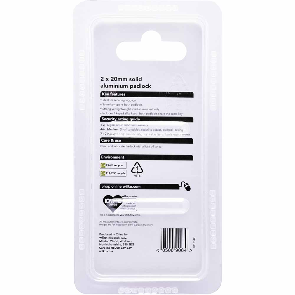 Wilko Titan 2x20mm Aluminium Padlock Image 4