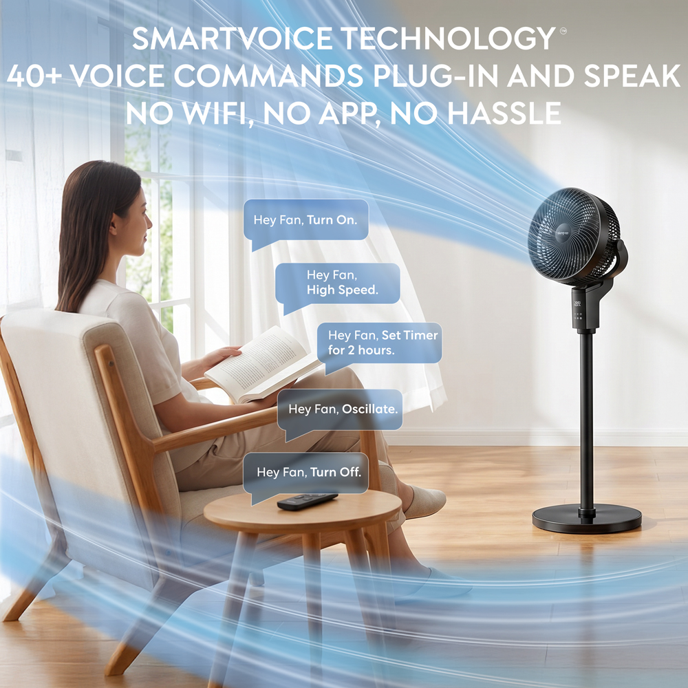 Air Pro Black SmartVoice 3D Oscillating Height Adjustable Mono Pedestal Fan with Remote 12 inch Image 3