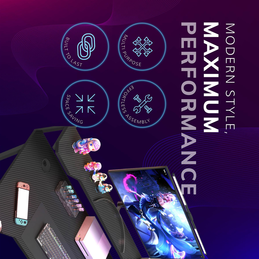 House of Home Carbon Fibre Top Computer Gaming Desk with Monitor Stand Black Image 6