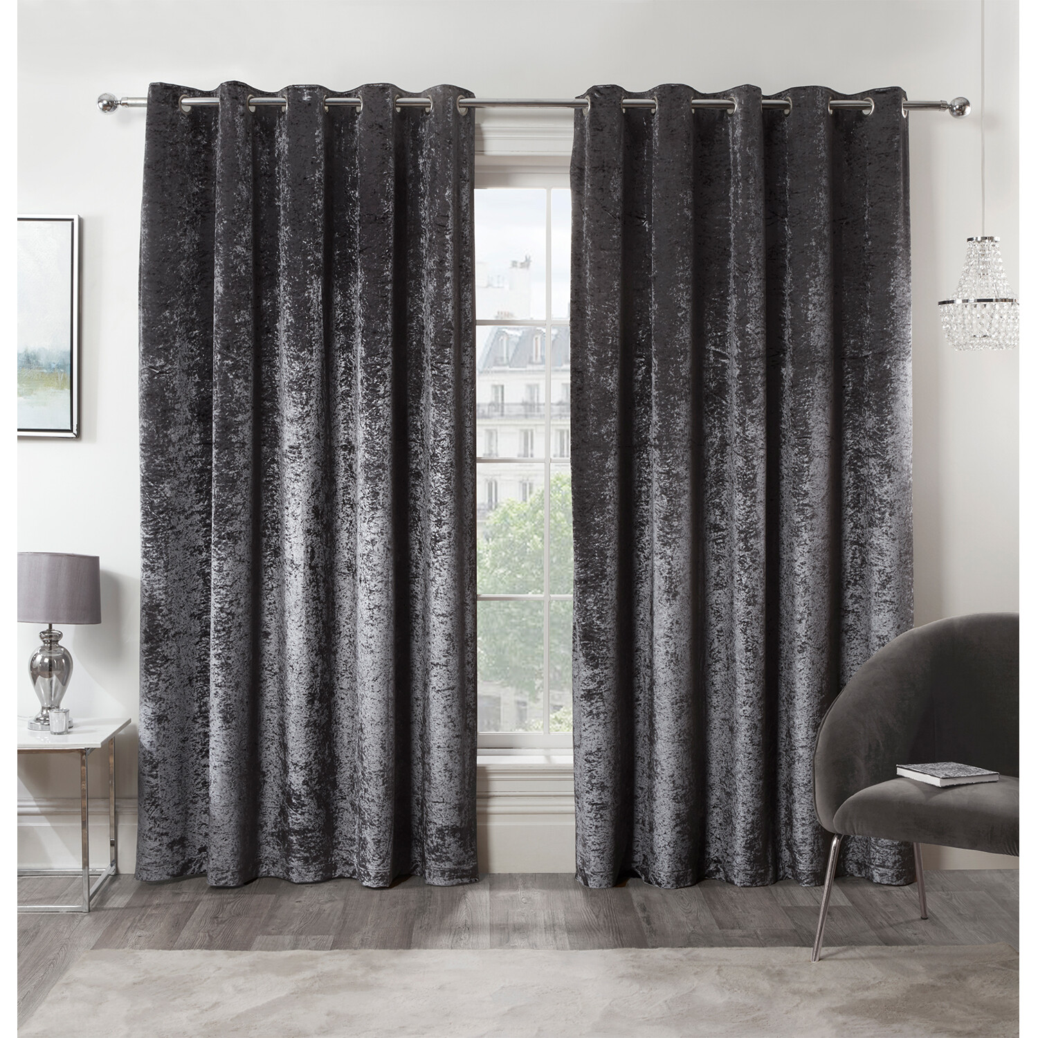 Divante Charcoal Crushed Velvet Eyelet Curtain 168 x 229cm Image 1