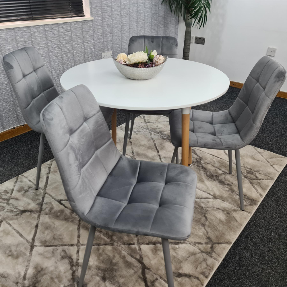 Portland 4 Seater Round Wood Velvet Dining Set White and Grey Image 5
