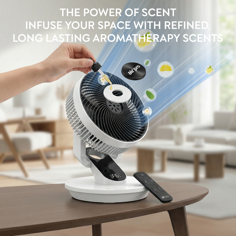 Air Pro White SmartVoice 3D Oscillating Black Desk Fan with Remote and Built-in Aroma Box 10 inch Image 9