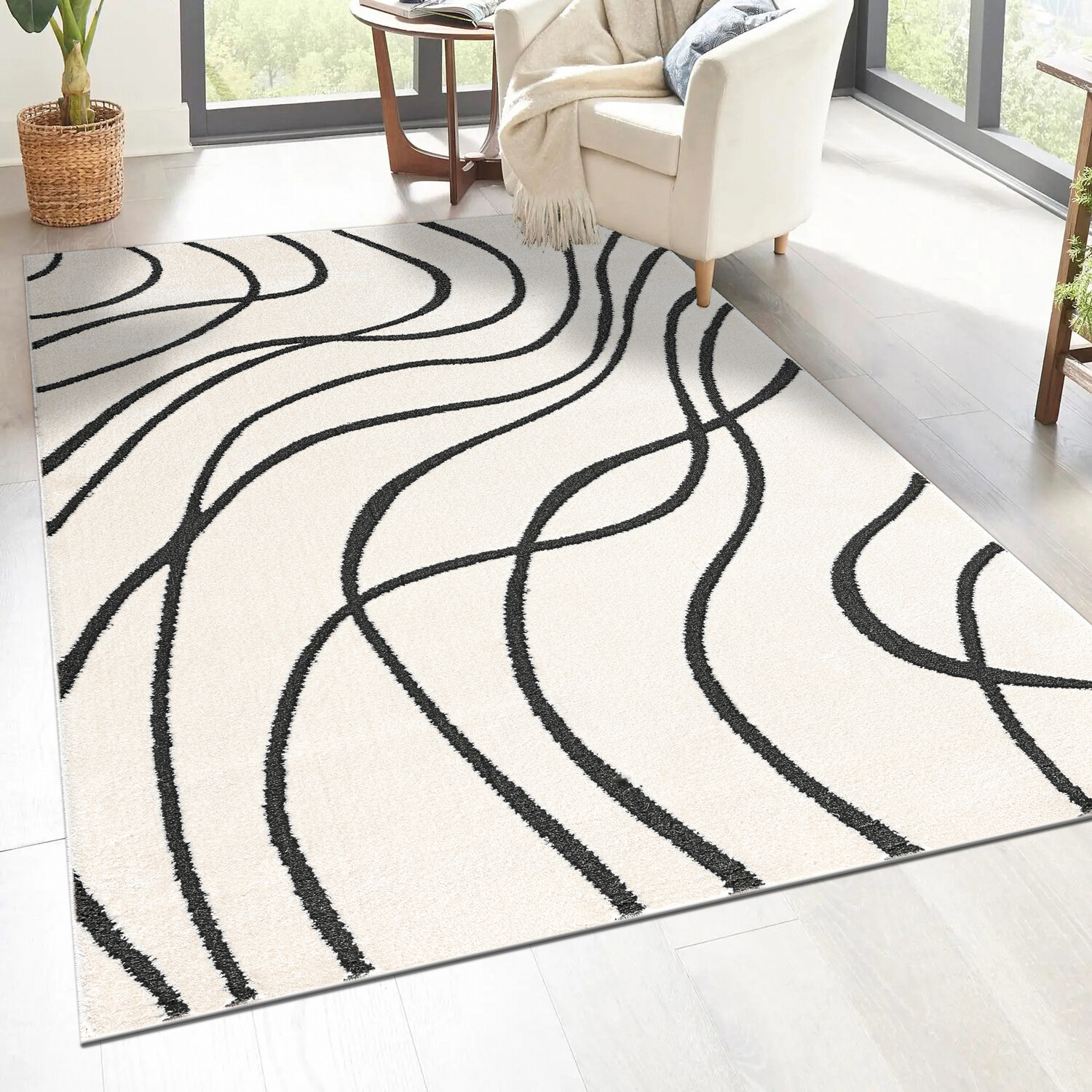 Lemonde Wavy Abstract Rug - Black and White / 120cm Image 2
