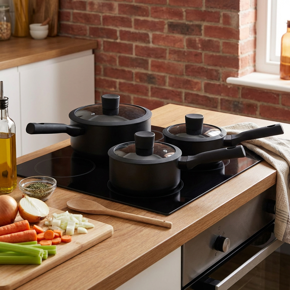 Soft Touch Non-Stick Saucepan Set - Black Image 4