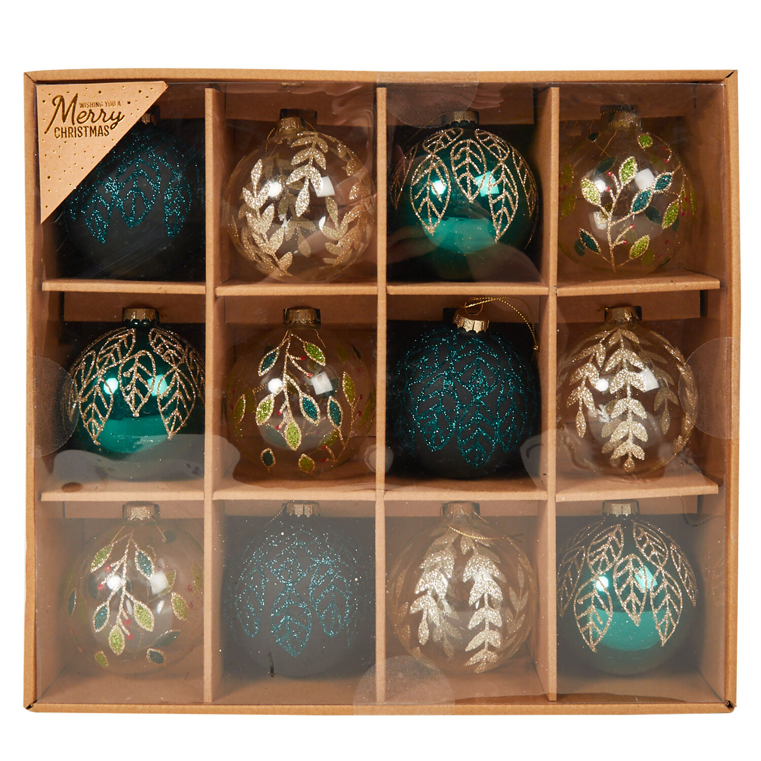 Set of 12 Glass Baubles Emerald and Gold - Emerald and Gold Image 1