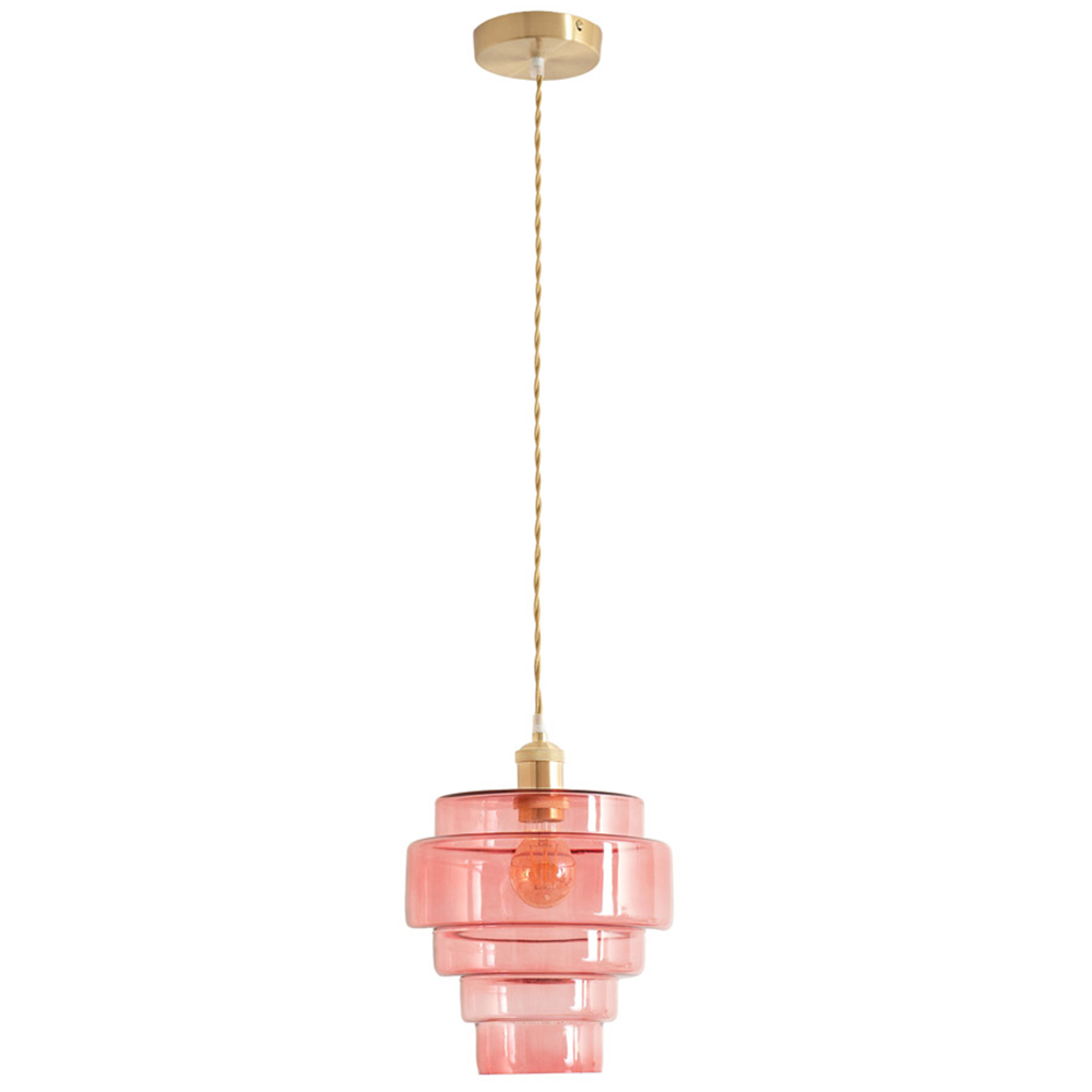 ValueLights Lane 5 Tier Pink Glass Shade Brushed Gold Single LED Ceiling Pendant Light Image 1