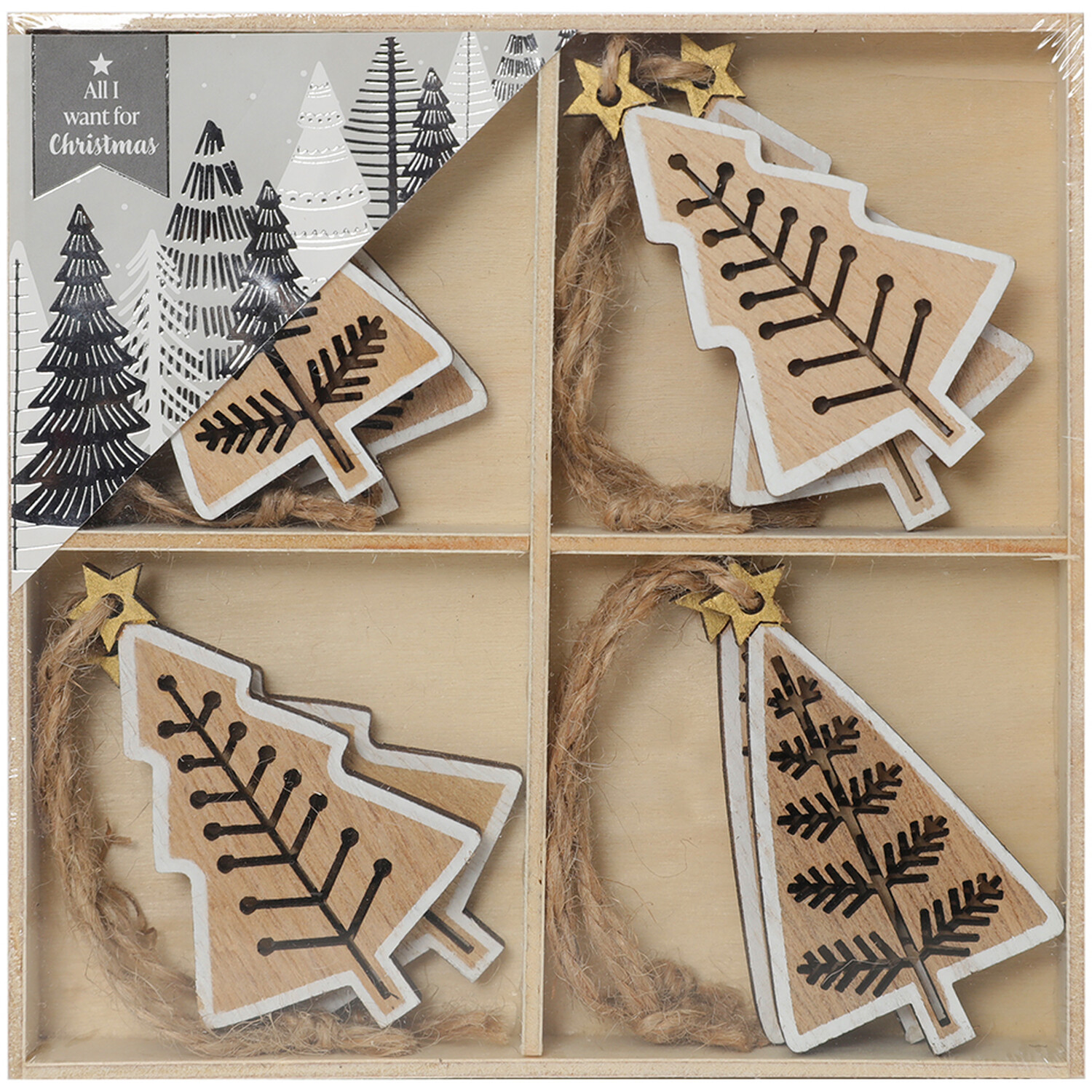 Set of 8 Wooden Tree Hanging Decorations Natural Image 2