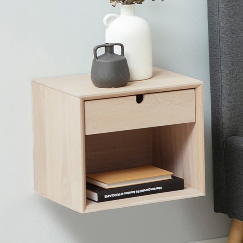 Florence Century Single Shelf Single Drawer White Oak Wall Mounted Bedside Table Image 7