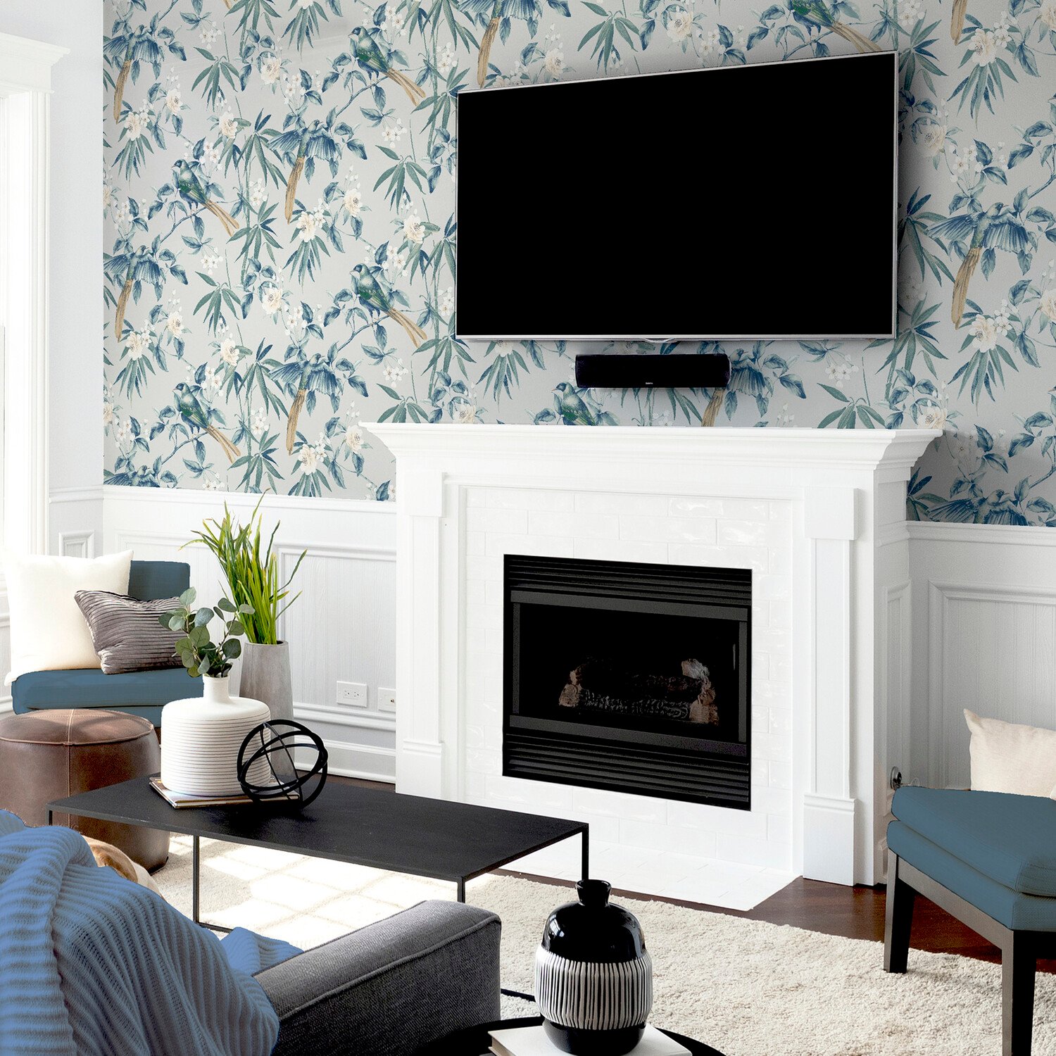 Oriental Floral Birds Wallpaper - Grey Blue Image 7