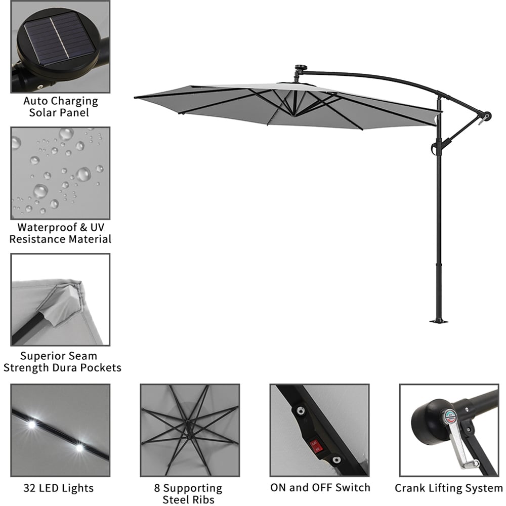 Living and Home Light Grey Crank Lift Solar LED Parasol with Fillable Base 3m Image 8