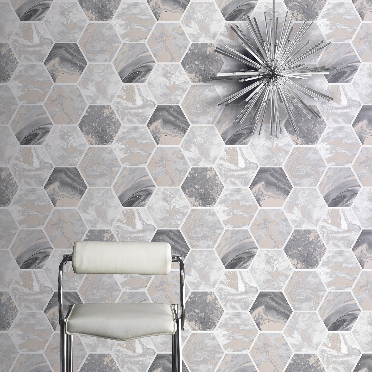 Marbled Hexagon Wallpaper - Charcoal and Rose Gold Image 2