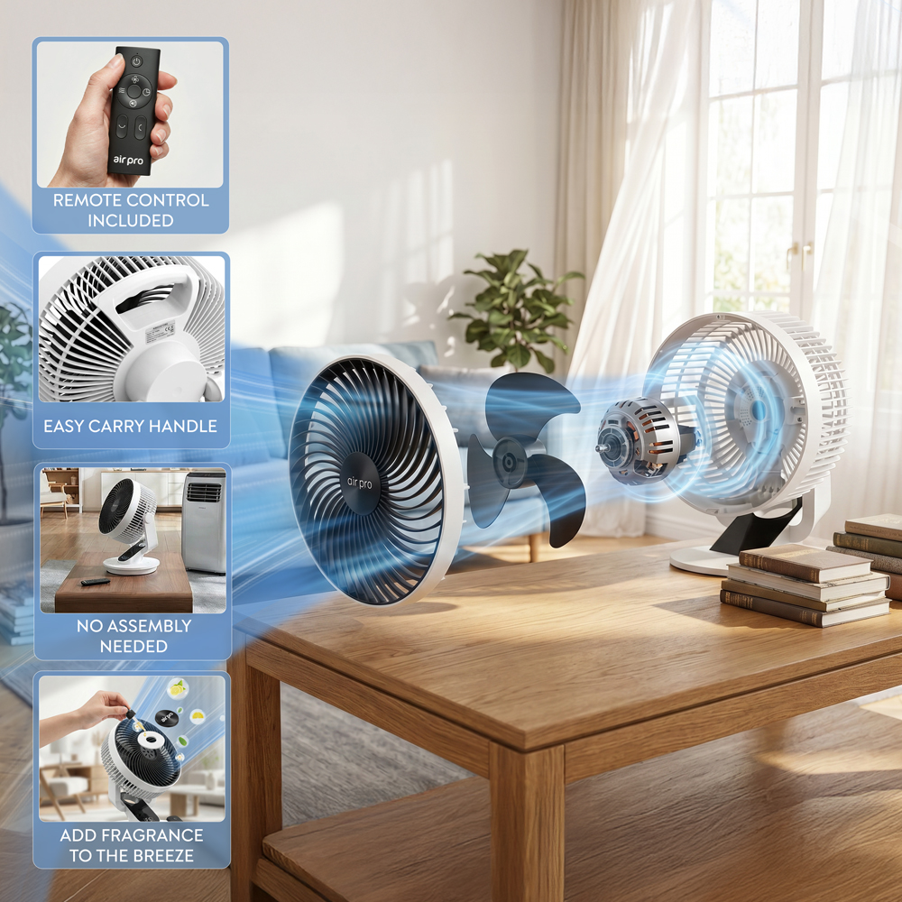 Air Pro White SmartVoice 3D Oscillating Black Desk Fan with Remote and Built-in Aroma Box 10 inch Image 6