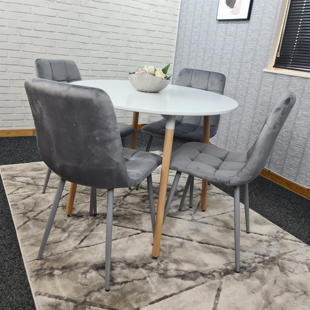 Portland 4 Seater Round Wood Velvet Dining Set White and Grey Image 7