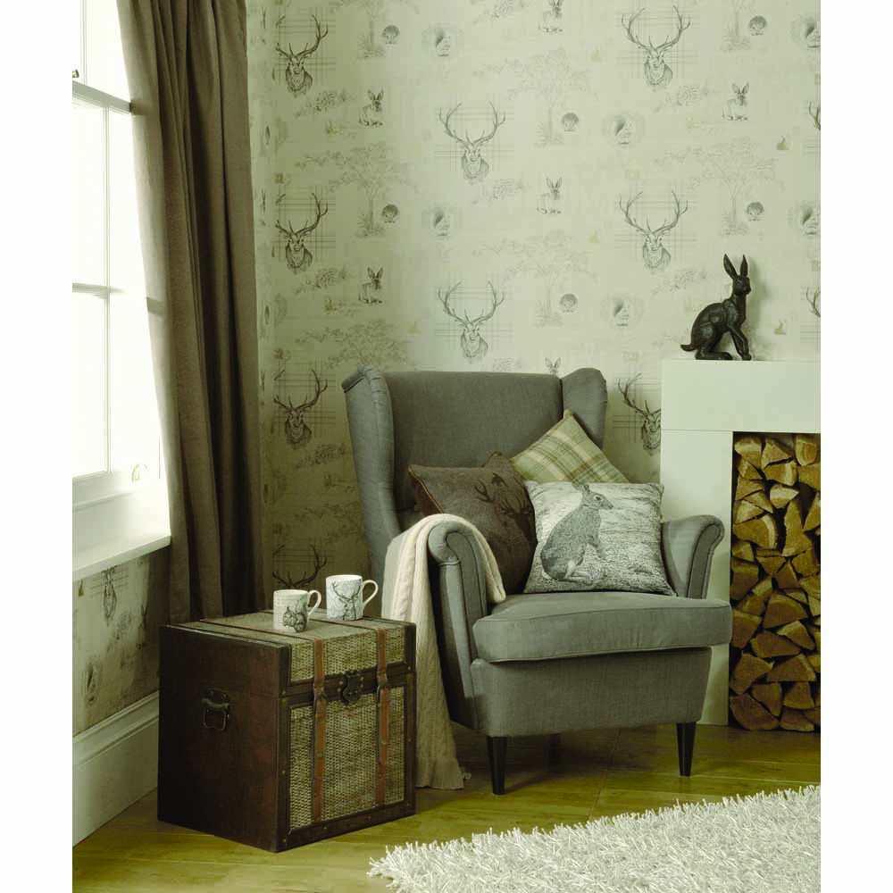 Holden Decor Richmond Highland Stag Charcoal Linen Wallpaper Image 3