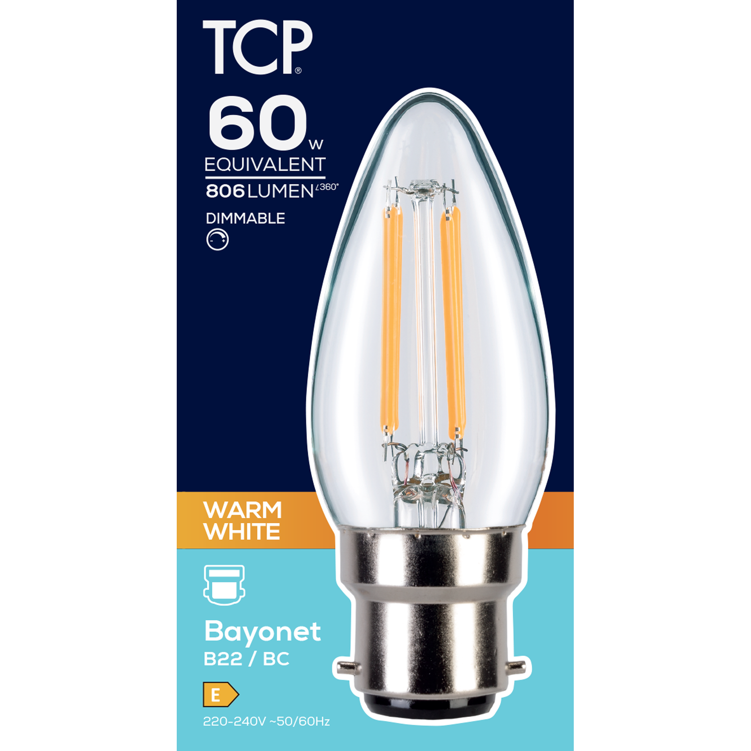 TCP Filament Candle 806L B22 Warm White Dimmable Bulb - Warm White Image 2