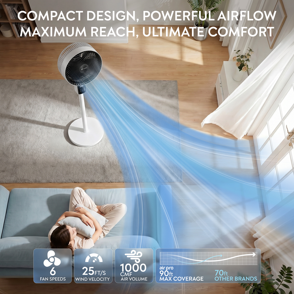 Air Pro White Black SmartVoice 3D Oscillating Height Adjustable Pedestal Fan with Remote 12 inch Image 7
