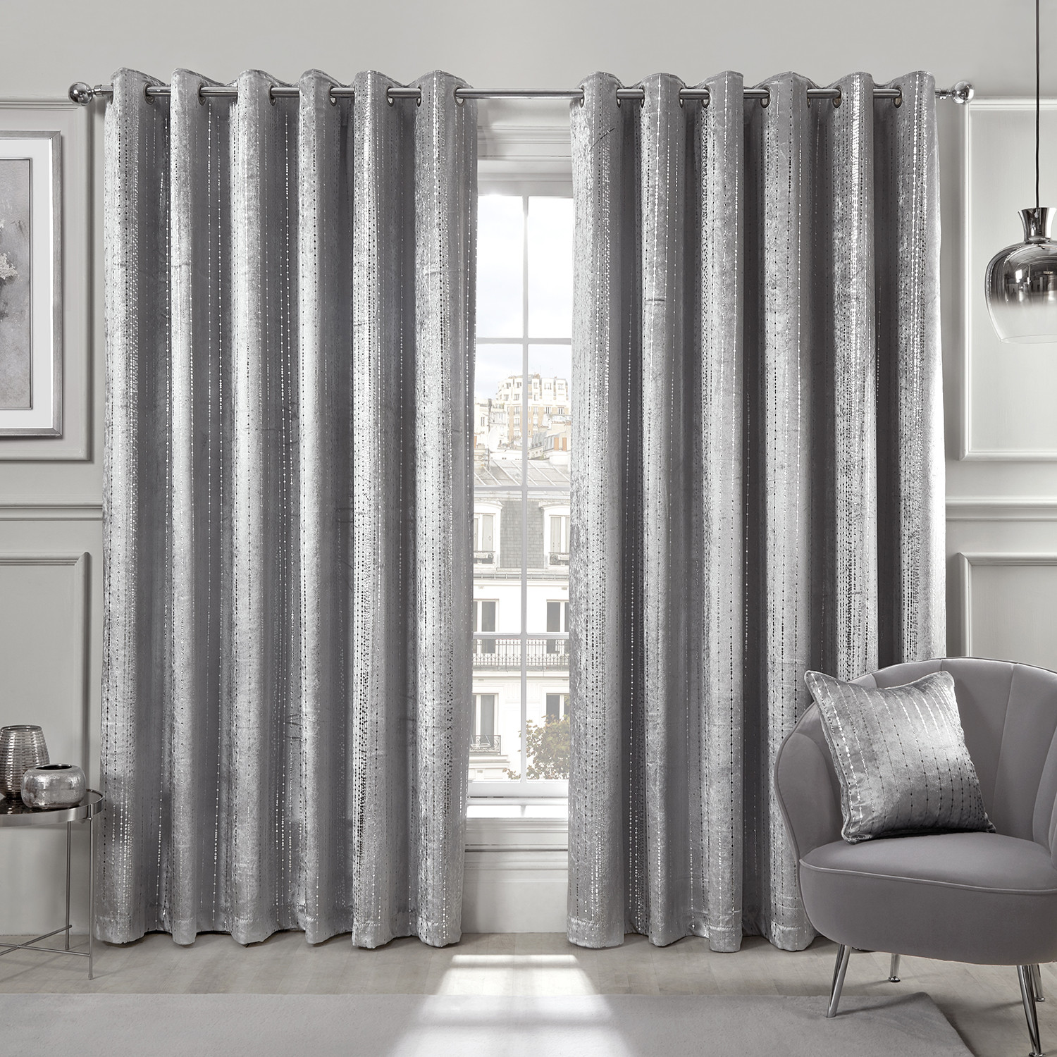 Divante Selina Silver Foil Dotty Stripe Eyelet Curtain 229 x 229cm Image 1