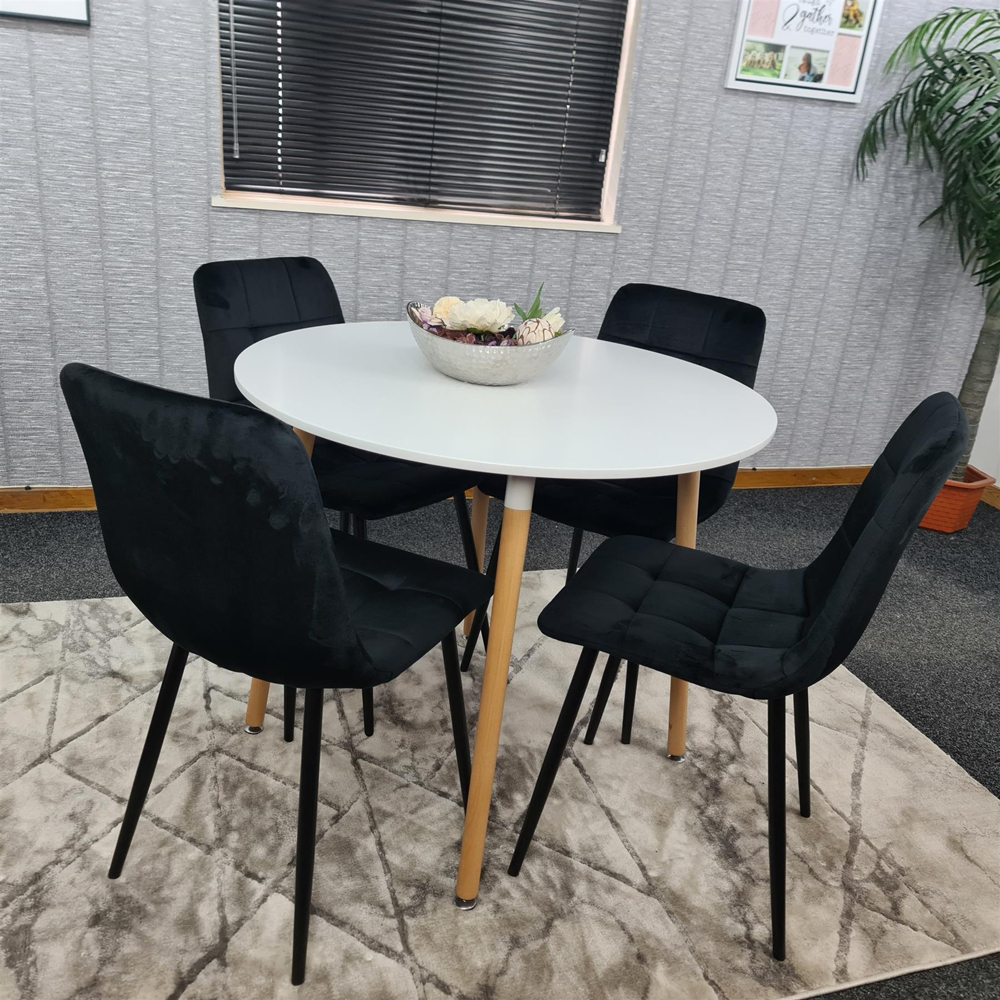 Portland 4 Seater Round Wood Velvet Dining Set White and Black Image 7