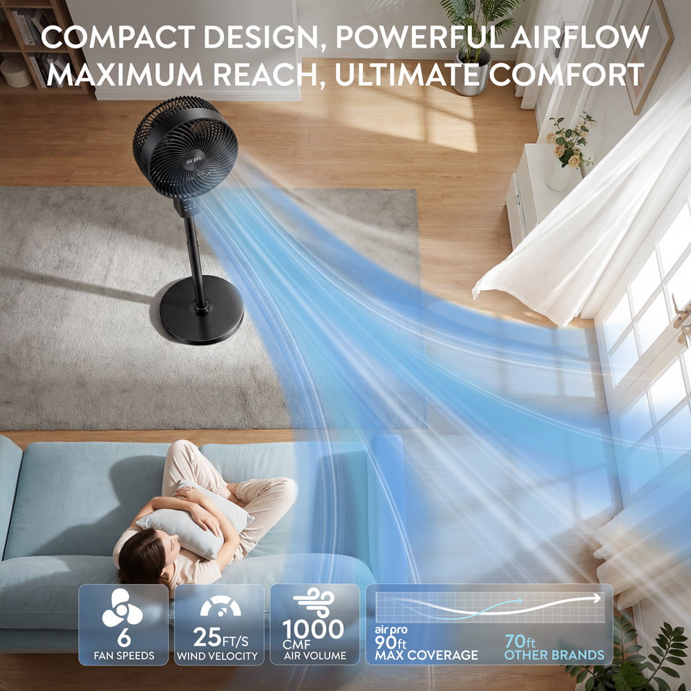 Air Pro Black SmartVoice 3D Oscillating Height Adjustable Mono Pedestal Fan with Remote 12 inch Image 7